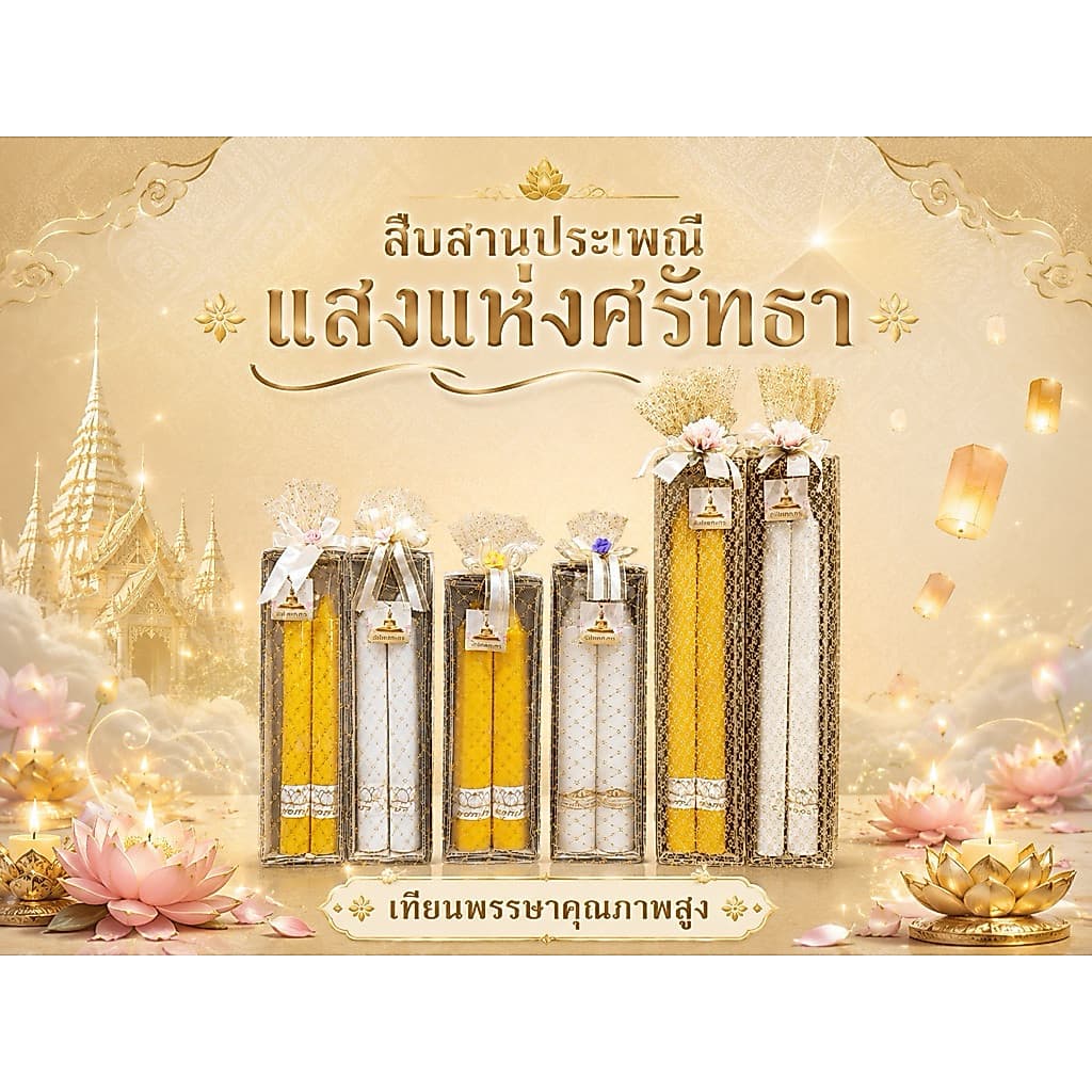 เทียนพรรษา เทียนคู่ เทียนถวาย  เนื้อเทียนบริสุทธิ์ ขนาด No.6/No.5/No 4. (5A)พร้อมส่งค่ะ