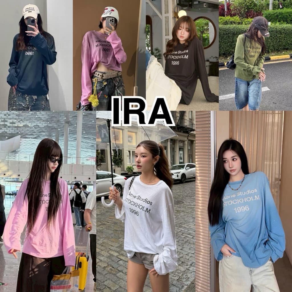 BY IRA Acne Top (2511)  โลโก้ตัวอักษรพิมพ์ ฤดูใบไม้ผลิและฤดูใบไม้ร่วงใหม่หลวมล้างผ้าฝ้ายรอบคอแขนยาวหลักฐานเสื้อยืด