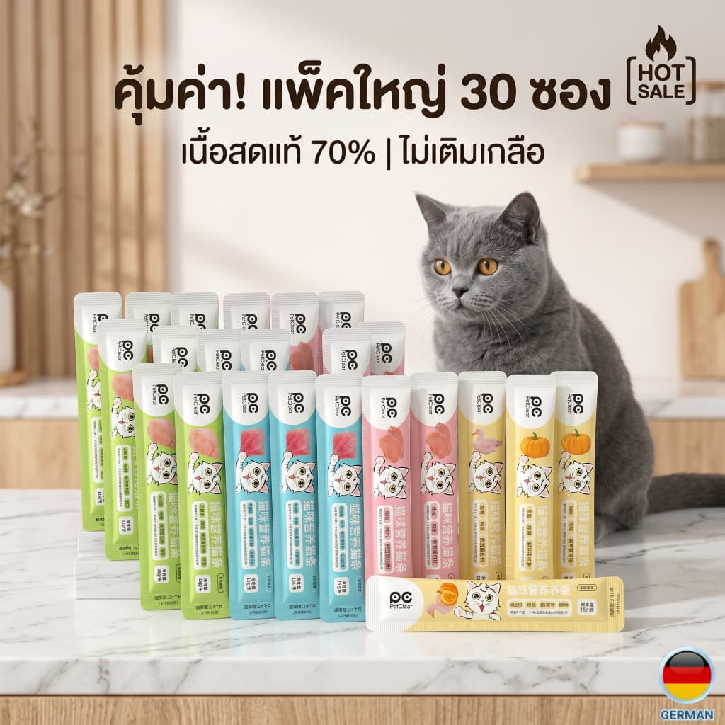 PetClear ขนมแมวเลีย เกรดพรีเมียม แพ็ค 30 ซอง คละรส (ไก่งวง/กระต่าย/ทูน่าไก่) เนื้อแท้ 70% ไม่เค็ม