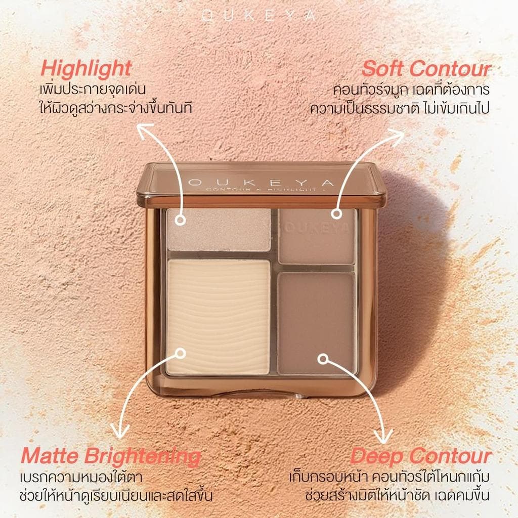 OUKEYA CONTOUR & HIGHLIGHT พาเลตคอนทัวร์ และไฮไลท์เนื้อแมตต์ 4 เฉดสี ช่วยเพิ่มกรอบหน้าให้ดูมีมิติ (แถมแปรงทุกออเดอร์)