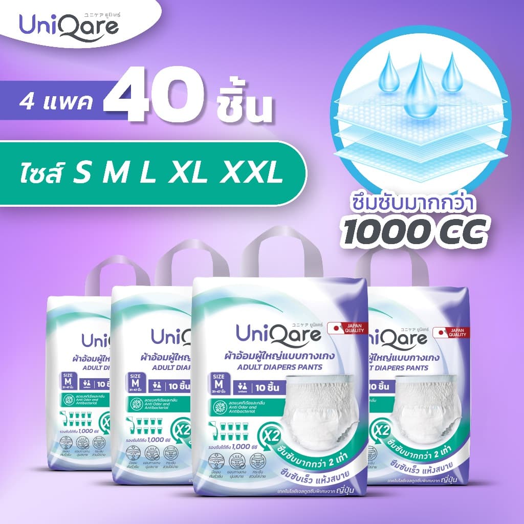 Uniqare ผ้าอ้อมผู้ใหญ่ แบบกางเกง 40 ชิ้น นุ่มสบาย ซึมซับมากถึง 1000 ซีซี ไซส์ S,M,L,XL,XXL